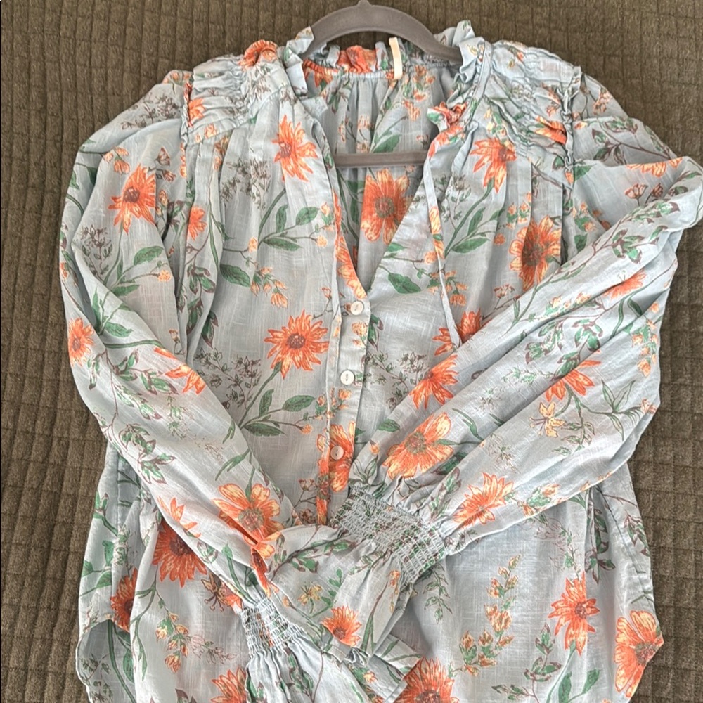Free People Orange and Green Floral Blouse